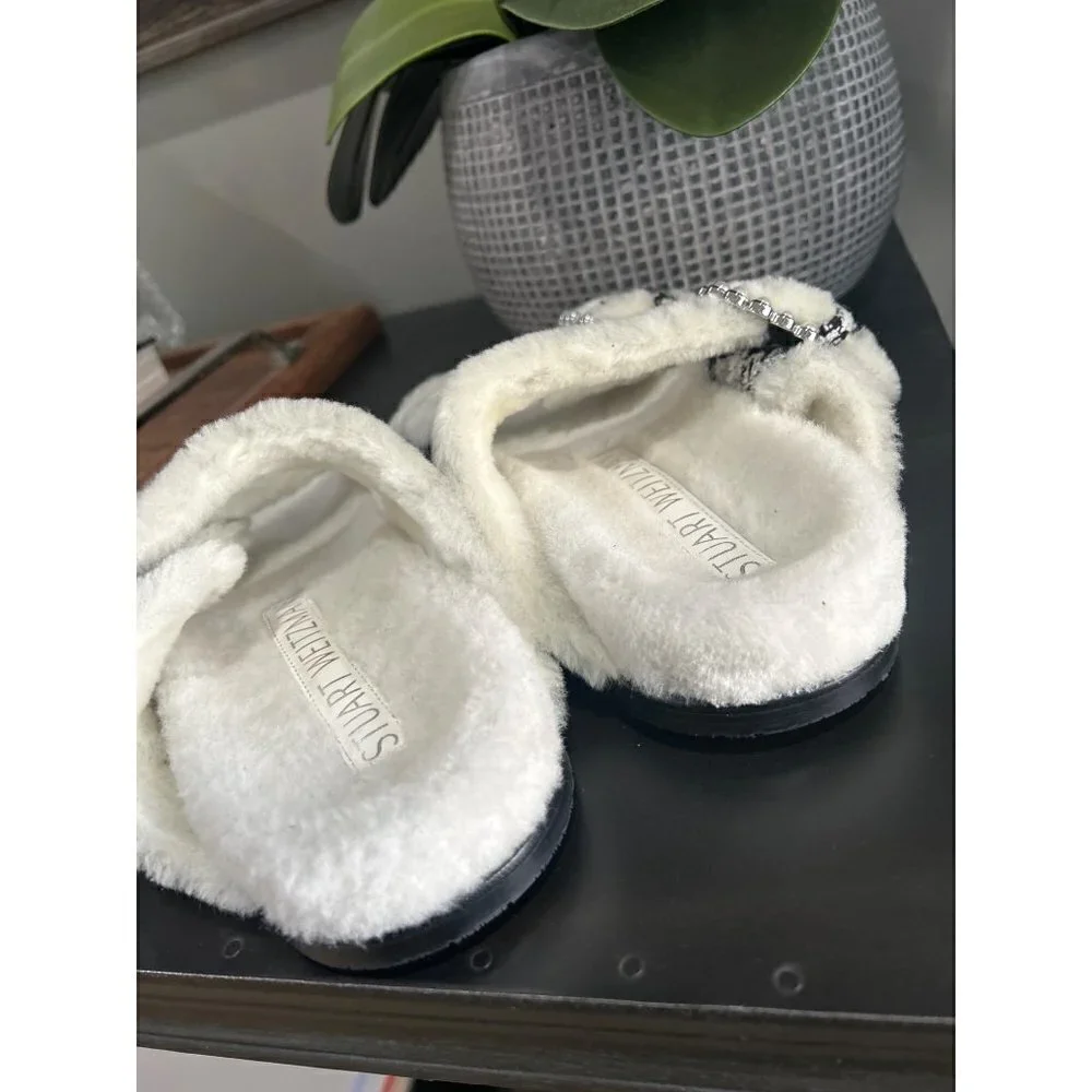 Stuart Weitzman Piper Chill Shearling Lined Tweed Pearl Slides White Black 8
